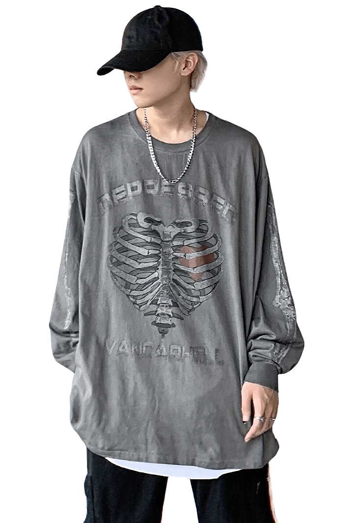 Men's oversized sweatshirt with skeleton print, perfect for punk style fashion. Trendy grey color for a casual look.