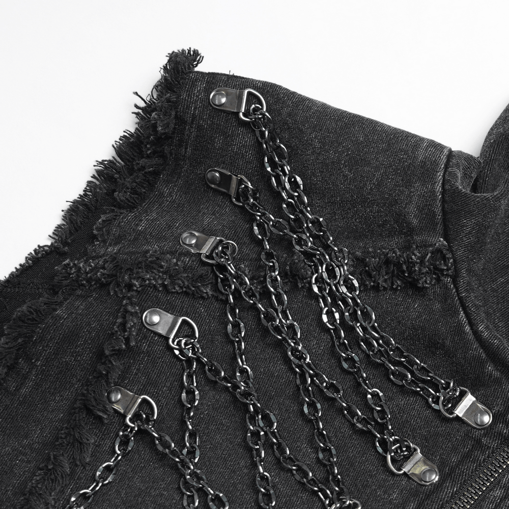 Men's High Collar Vest with Chains and Side Strap Cutouts featuring layered chains and distressed edges.