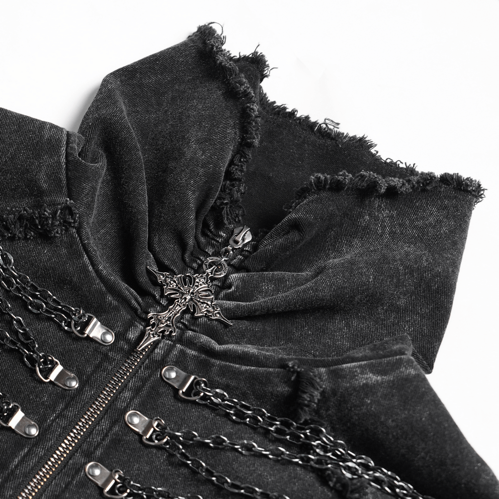 Men's High Collar Vest with Chains and Side Strap Cutouts showcasing frayed edges and layered chains.