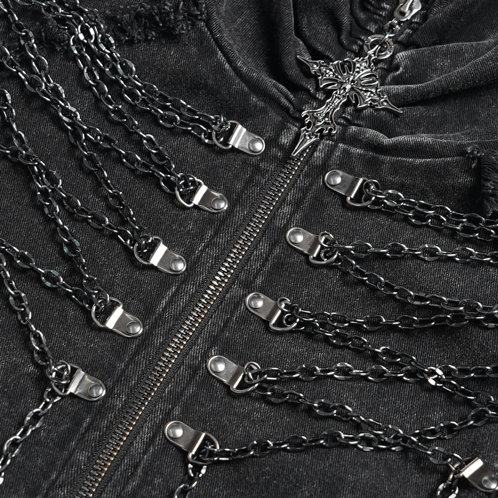 Men's High Collar Vest with Chains and Side Strap Cutouts featuring layered chains and a rugged zip front.