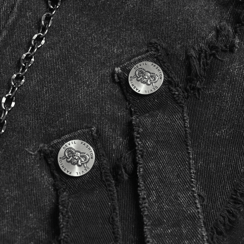 Close-up of details on Men's High Collar Vest with Chains and Side Strap Cutouts, showcasing distressed fabric and metal buttons.