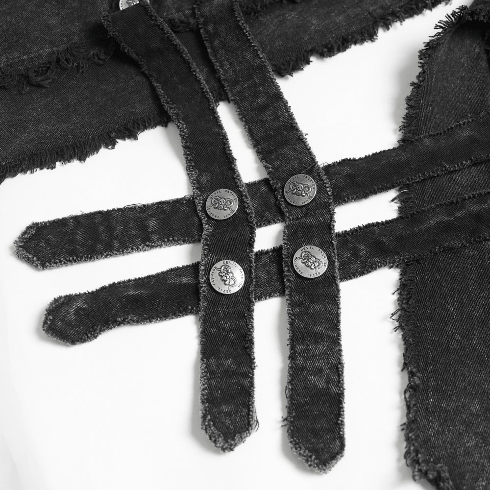 Men's High Collar Vest with Chains and Side Strap Cutouts showing detailed side strap cutouts with buttoned hardware.