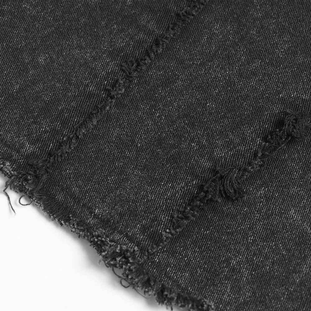 Close-up of distressed black fabric showcasing frayed edges for Men's High Collar Vest with Chains and Side Strap Cutouts.