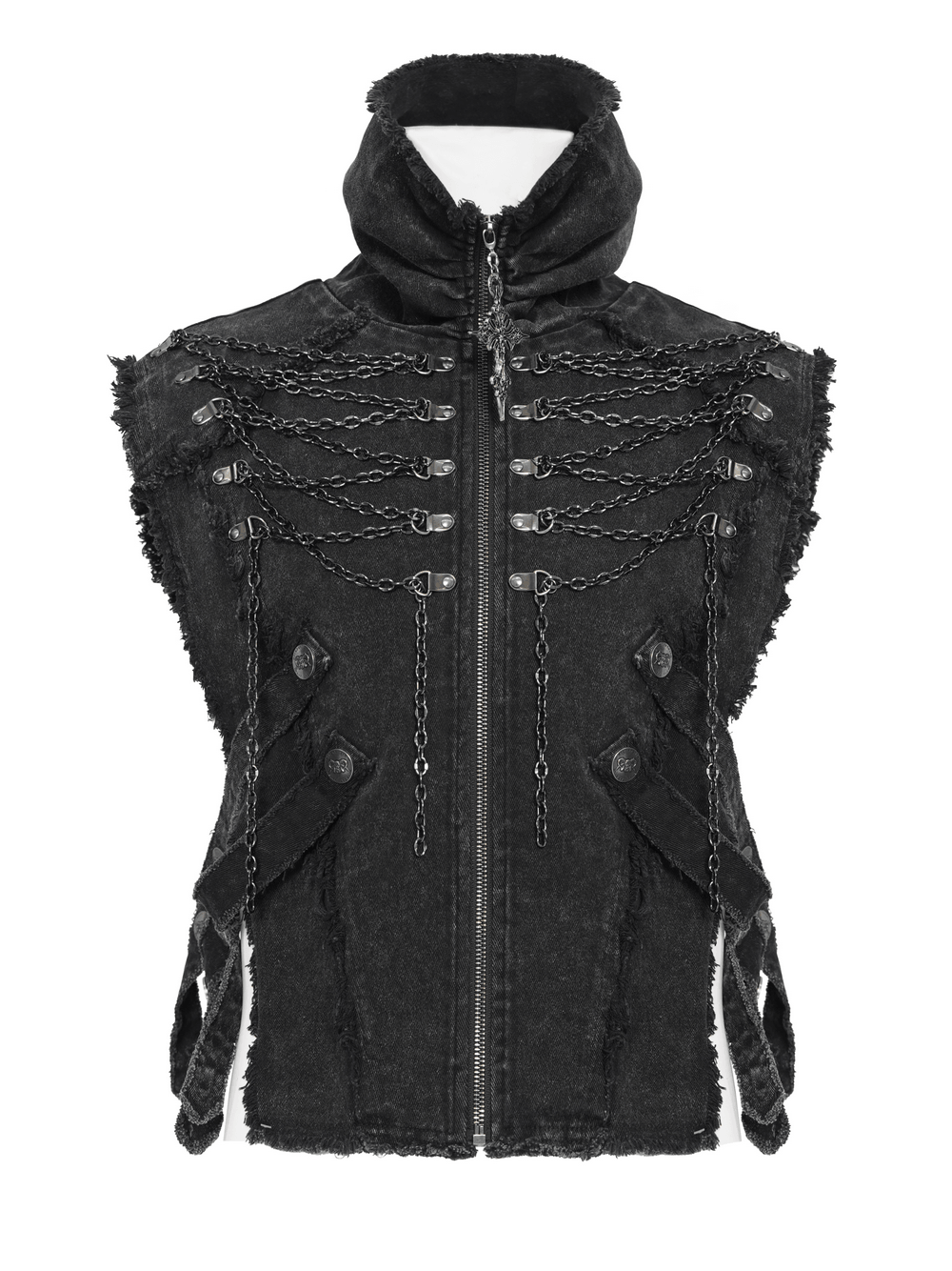 Men's High Collar Vest with Chains and Side Strap Cutouts in black with distressed edges and layered chains.