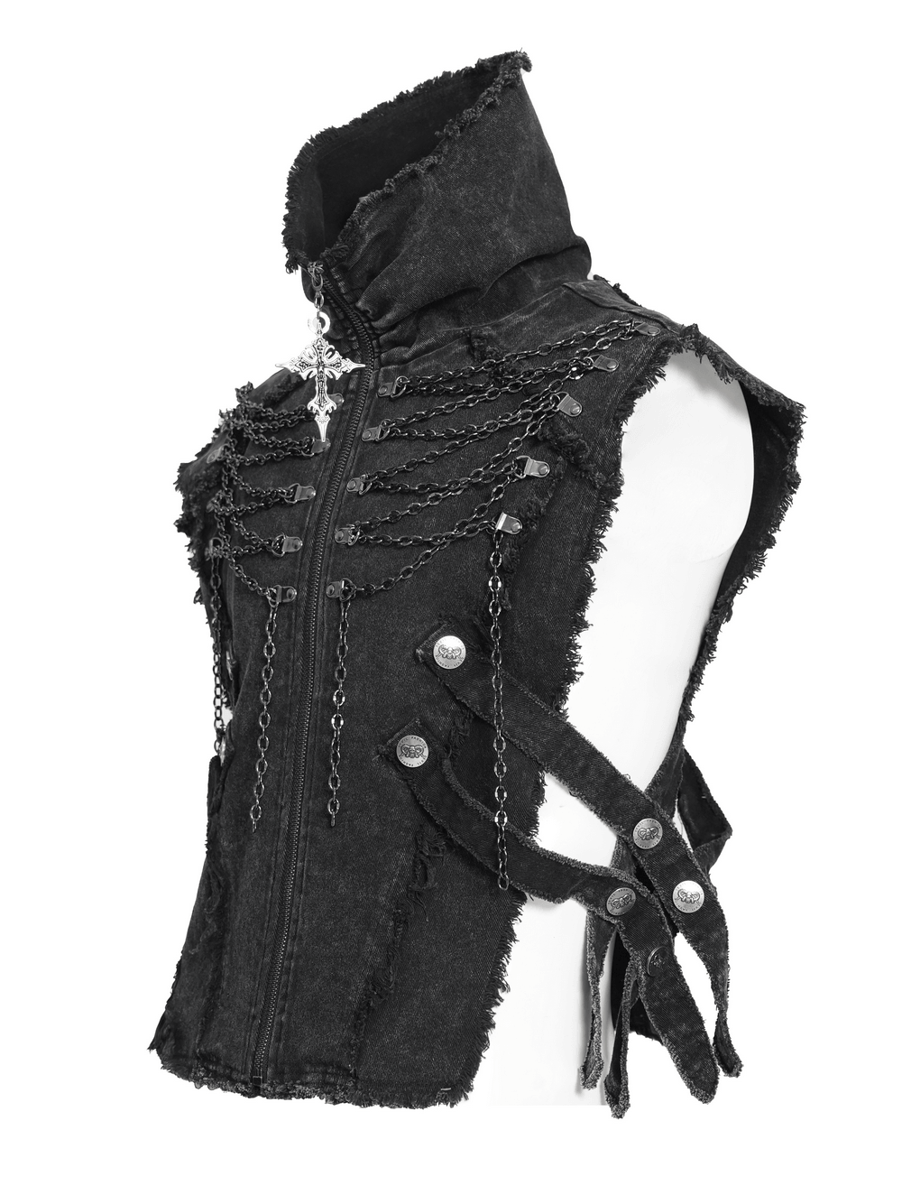 Men's High Collar Vest with Chains and Side Strap Cutouts featuring distressed edges and layered chains.