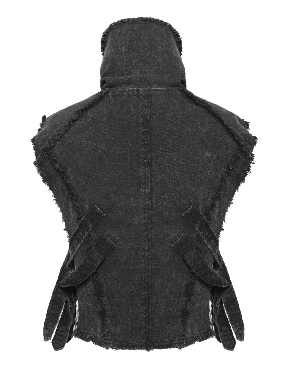 Men's High Collar Vest with Chains and Side Strap Cutouts - back view showcasing distressed details and unique strap design.