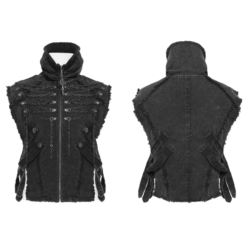 Men's High Collar Vest with Chains and Side Strap Cutouts, featuring distressed fabric and gothic design.