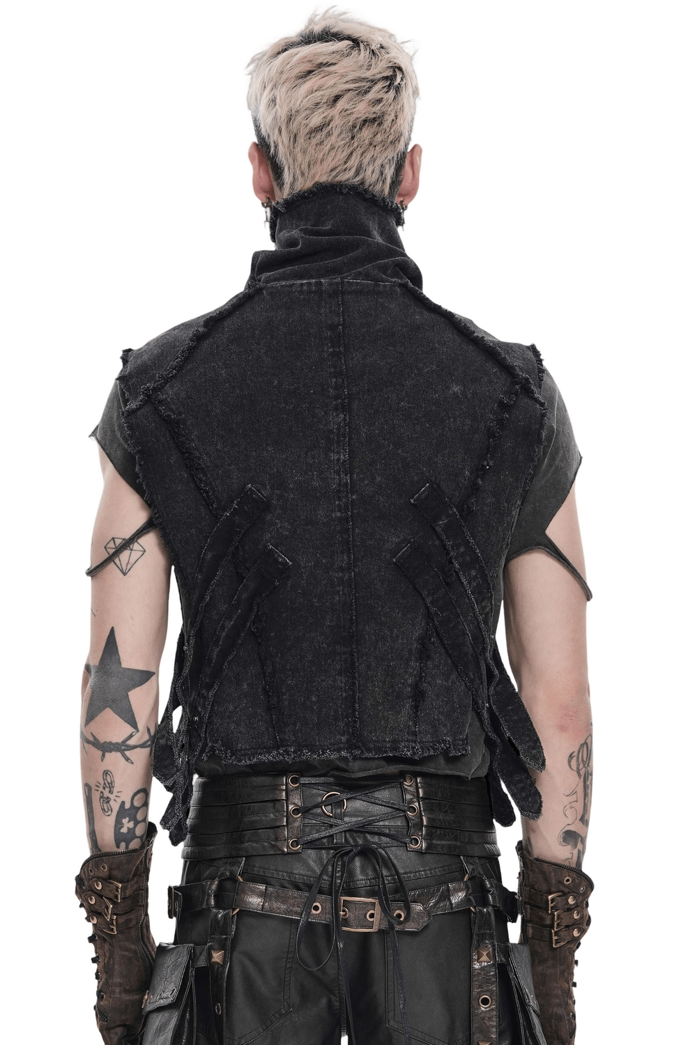 Men's High Collar Vest with Chains and Side Strap Cutouts, showcasing distressed fabric and edgy style from the back.