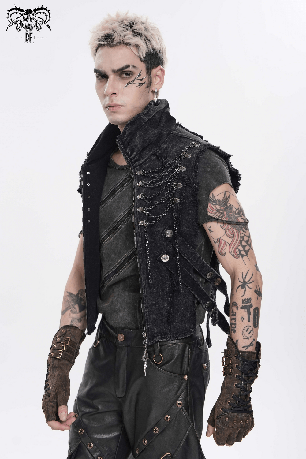 Men's High Collar Vest with Chains and Side Strap Cutouts worn by a model showcasing a punk style with tattoos.
