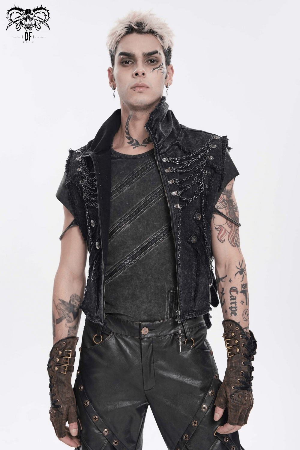 Men's High Collar Vest with Chains and Side Strap Cutouts on a male model showcasing a stylish punk look.