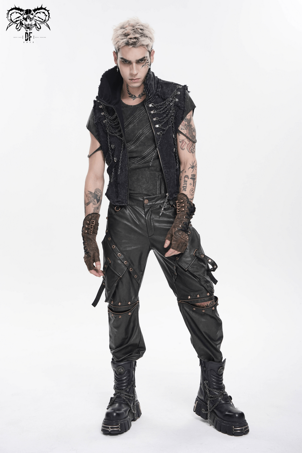 Men's High Collar Vest with Chains and Side Strap Cutouts worn by model showcasing a punk fashion look.