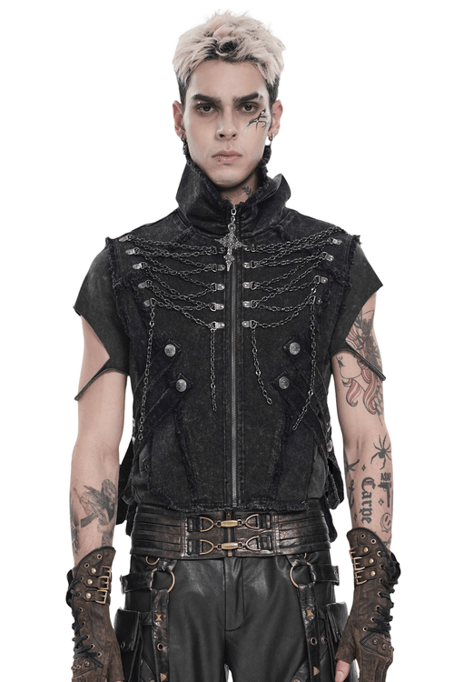Men's High Collar Vest with Chains and Side Strap Cutouts