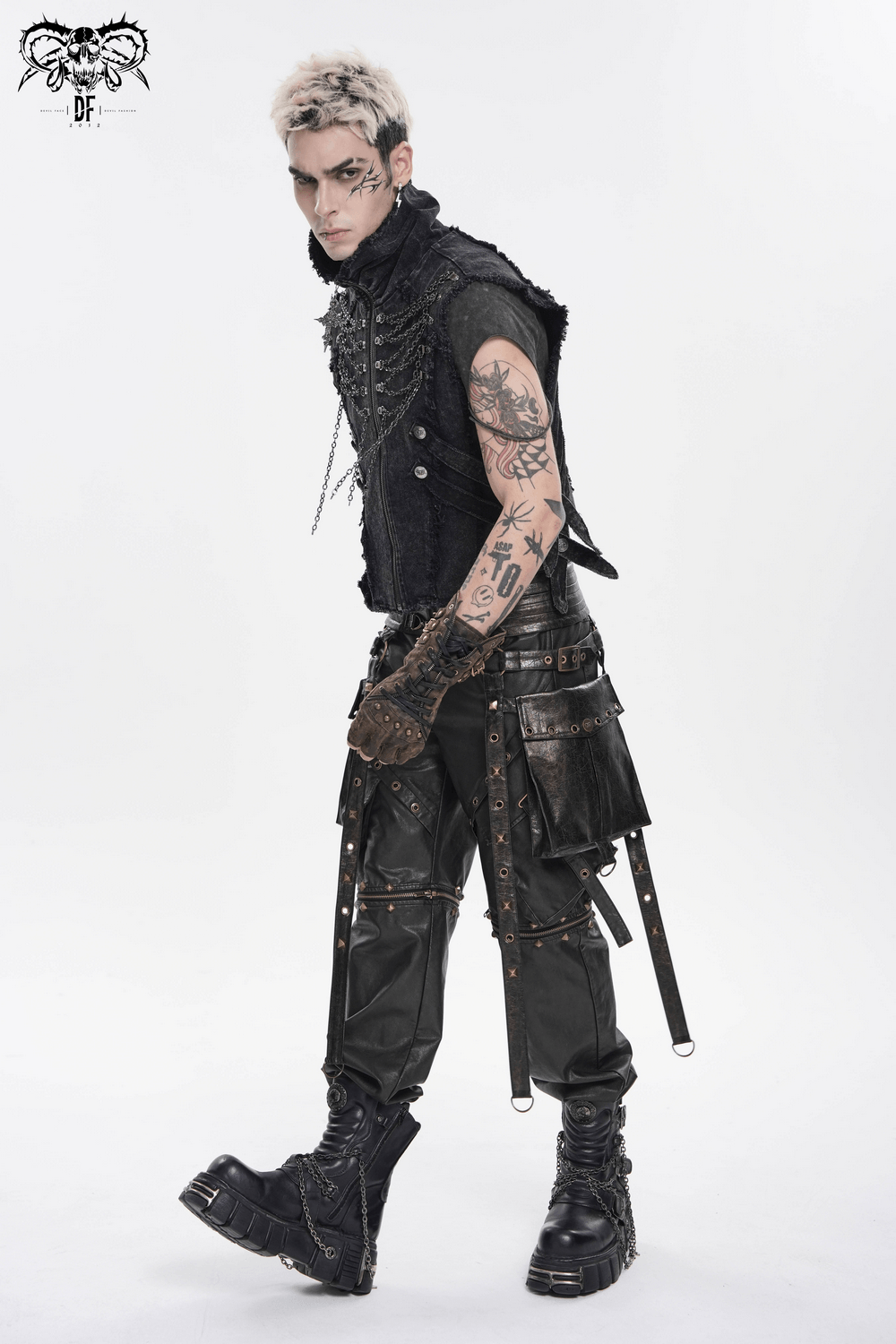 Men's High Collar Vest with Chains and Side Strap Cutouts worn by a model showcasing a punk style.