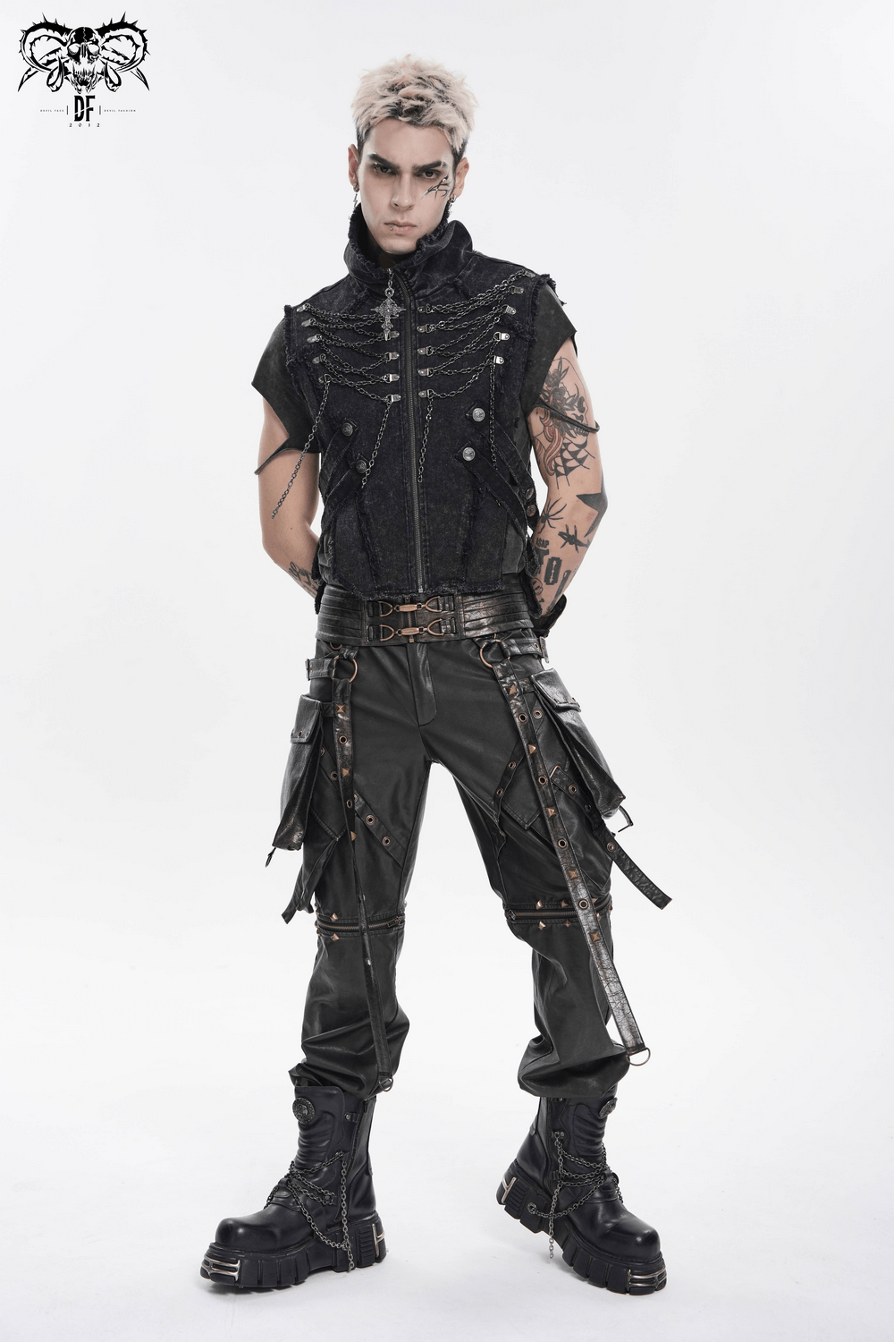 Men's High Collar Vest with Chains and Side Strap Cutouts worn by a model showcasing punk fashion.