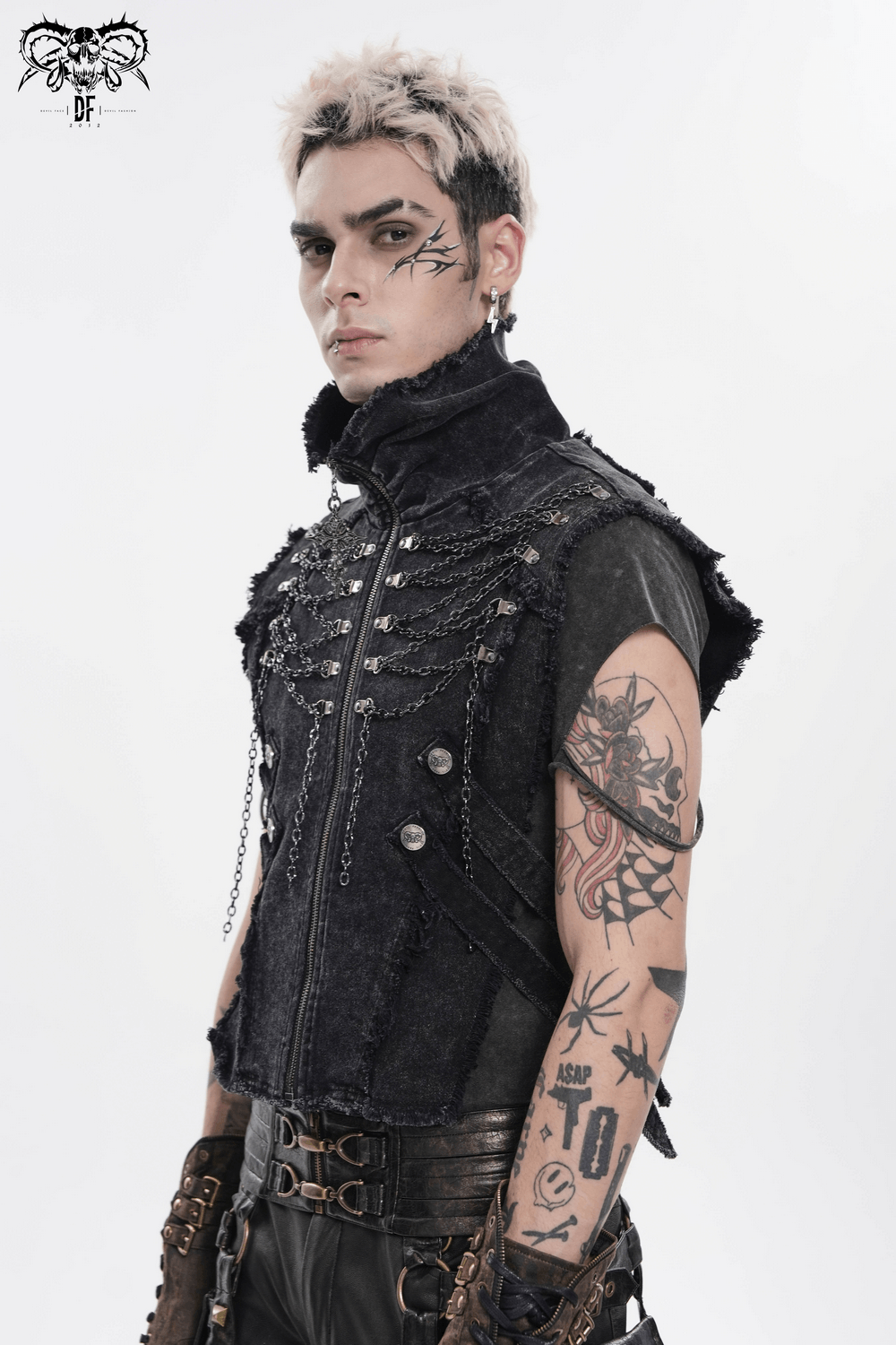 Men's High Collar Vest with Chains and Side Strap Cutouts worn by a model showcasing a punk style with tattoos and edgy details.