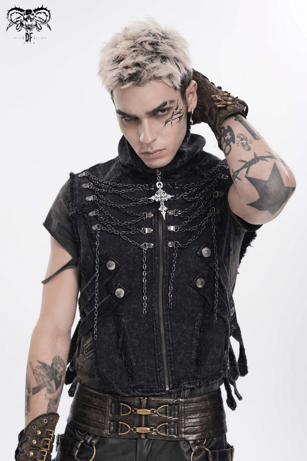 Men's High Collar Vest with Chains and Side Strap Cutouts worn by model, showcasing a punk aesthetic and gothic style.