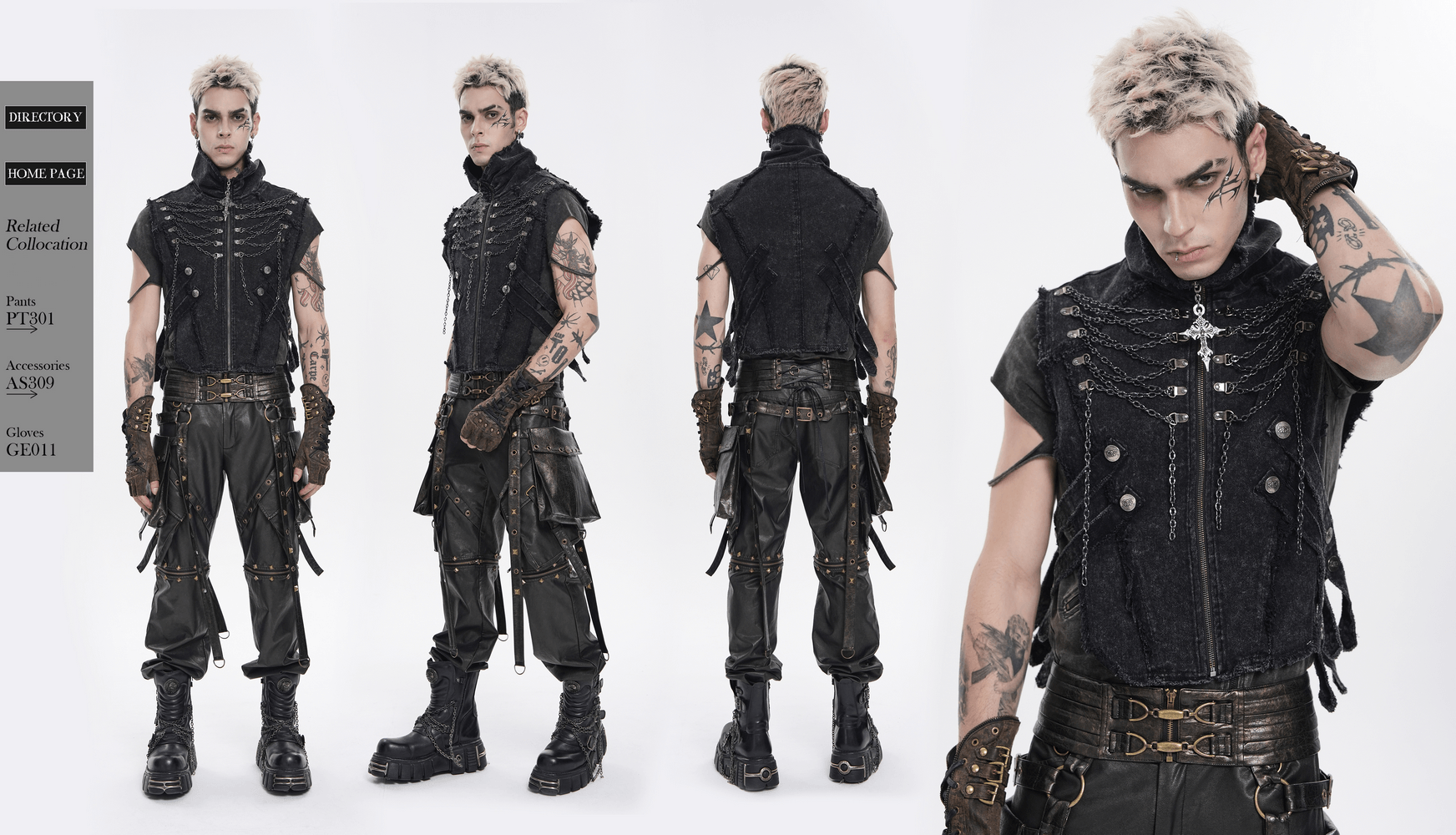 Men's High Collar Vest with Chains and Side Strap Cutouts worn by model, showcasing punk style and industrial details.