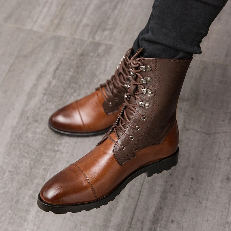Men's High Top Boots Lace-up / Vintage Leather Footwear British Style / Casual Comfy Male Shoe - HARD'N'HEAVY