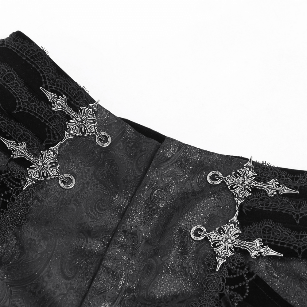 Men's Lace-Up Brocade Black Pants with Silver Clasps