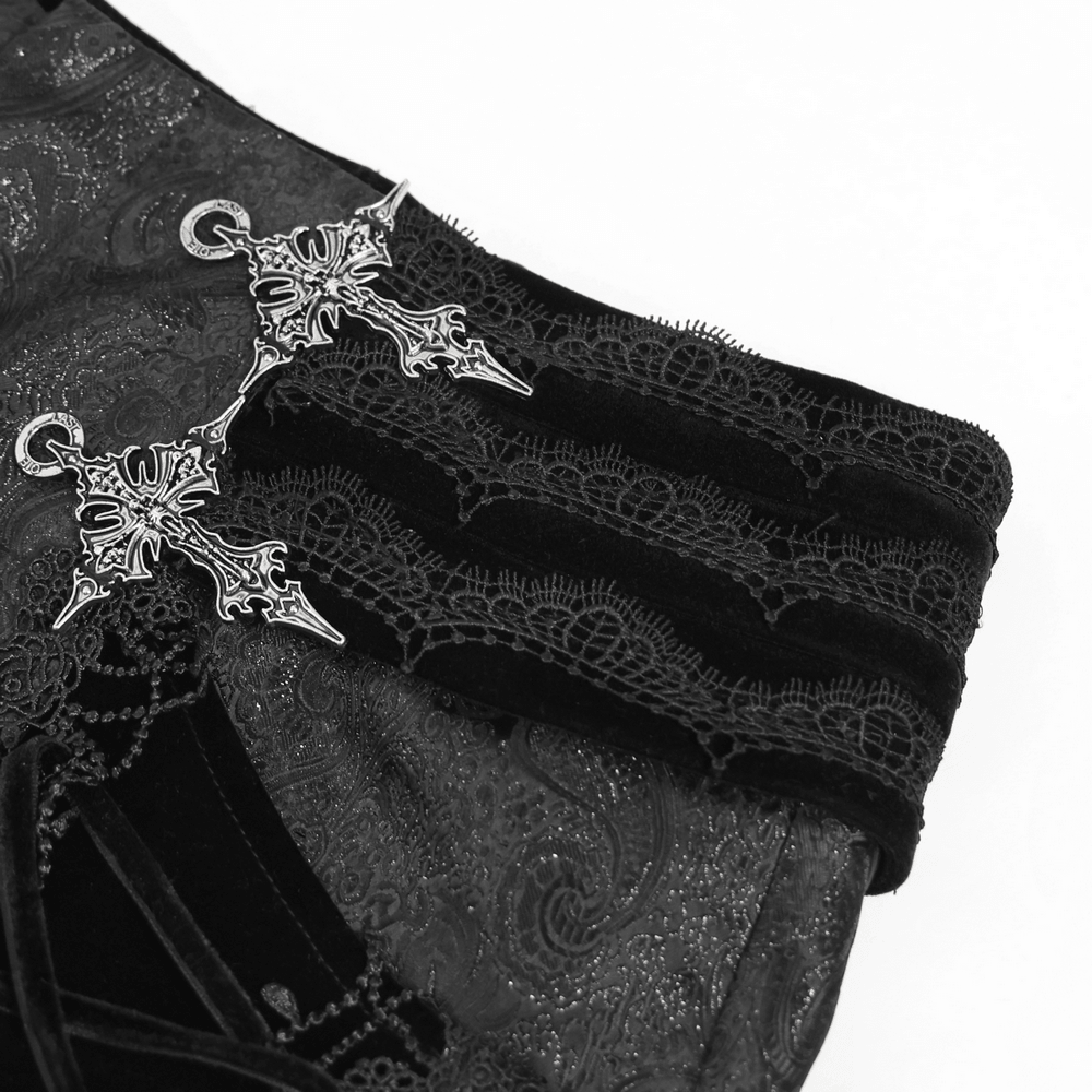 Men's Lace-Up Brocade Black Pants with Silver Clasps