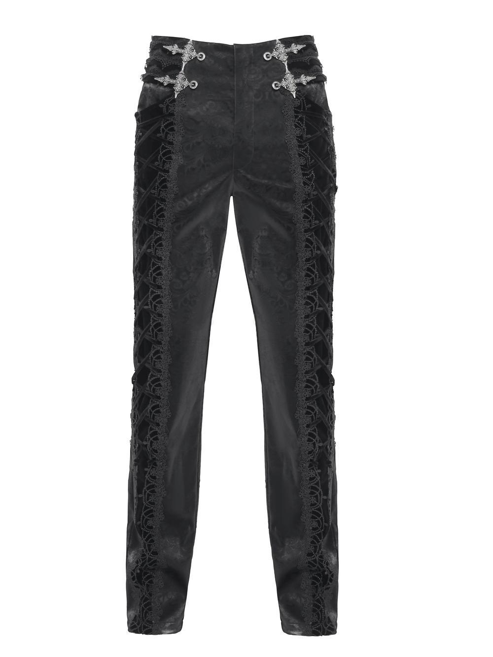 Men's Lace-Up Brocade Black Pants with Silver Clasps