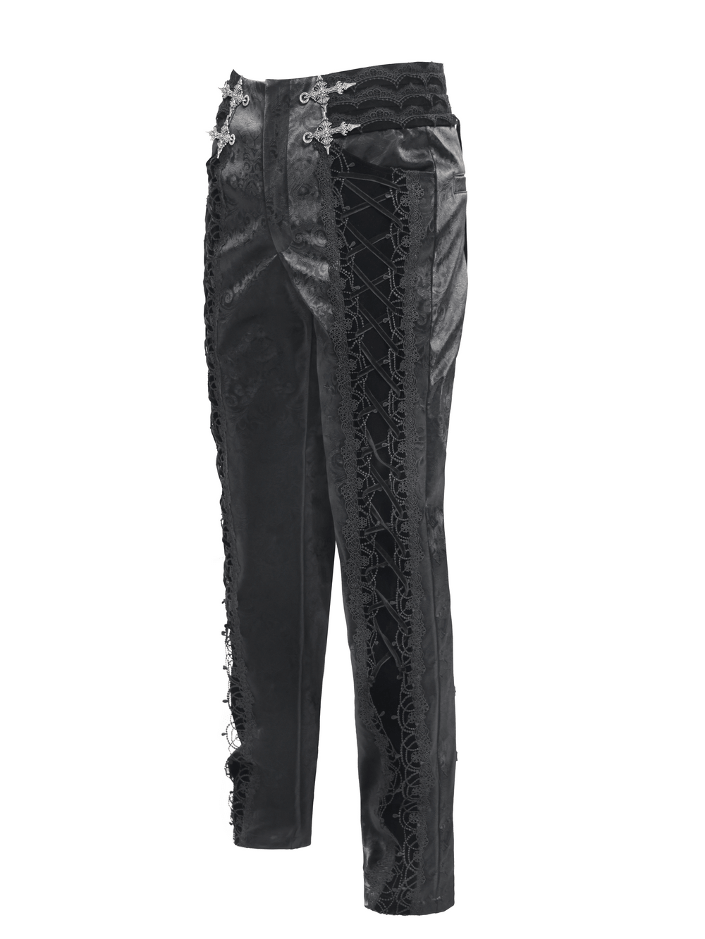 Men's Lace-Up Brocade Black Pants with Silver Clasps