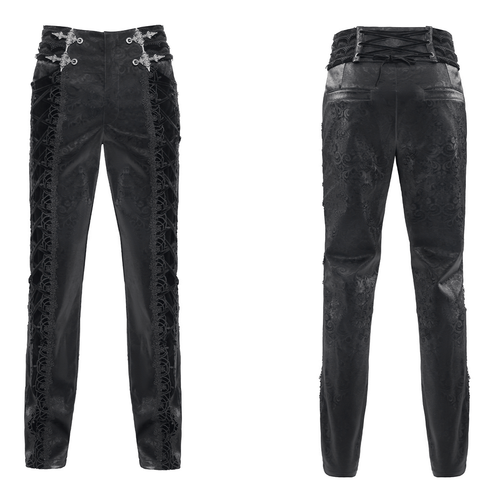 Men's Lace-Up Brocade Black Pants with Silver Clasps