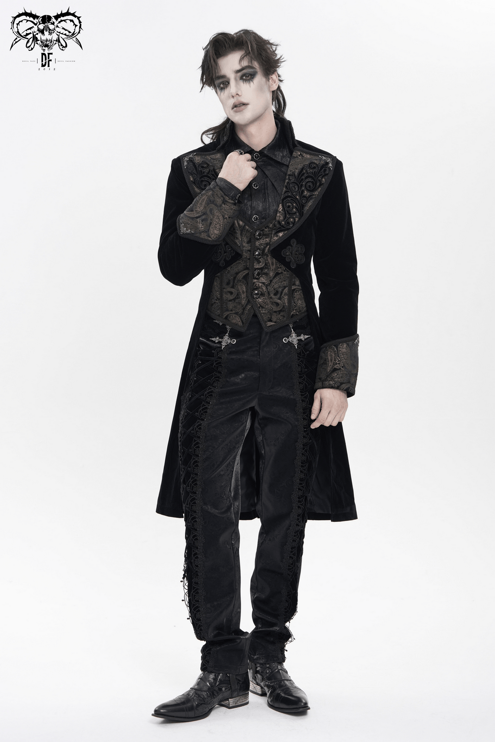 Men's Lace-Up Brocade Black Pants with Silver Clasps