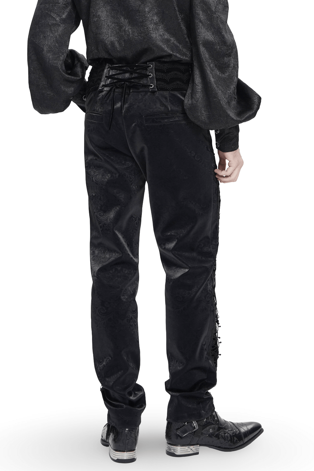 Men's Lace-Up Brocade Black Pants with Silver Clasps