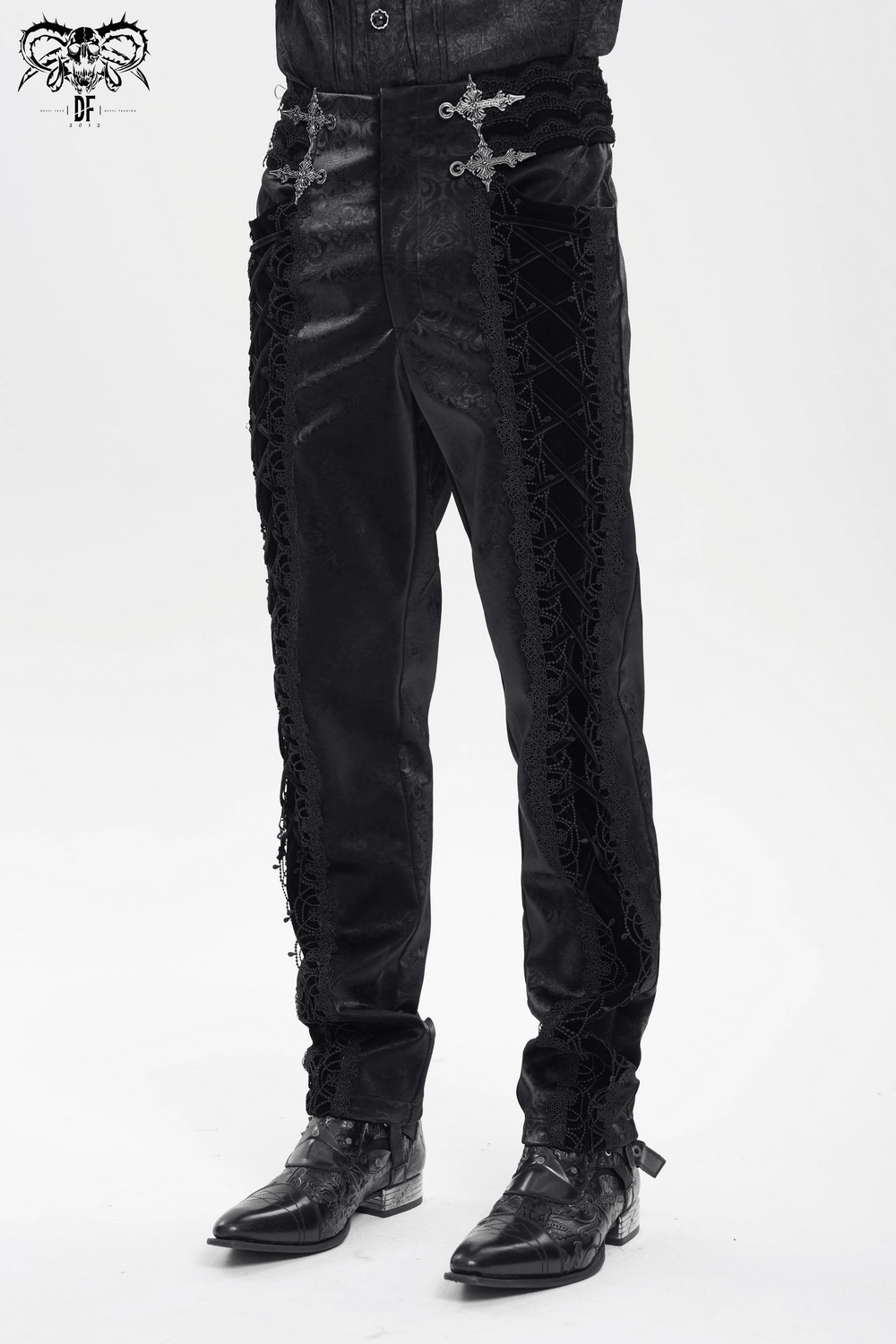 Men's Lace-Up Brocade Black Pants with Silver Clasps
