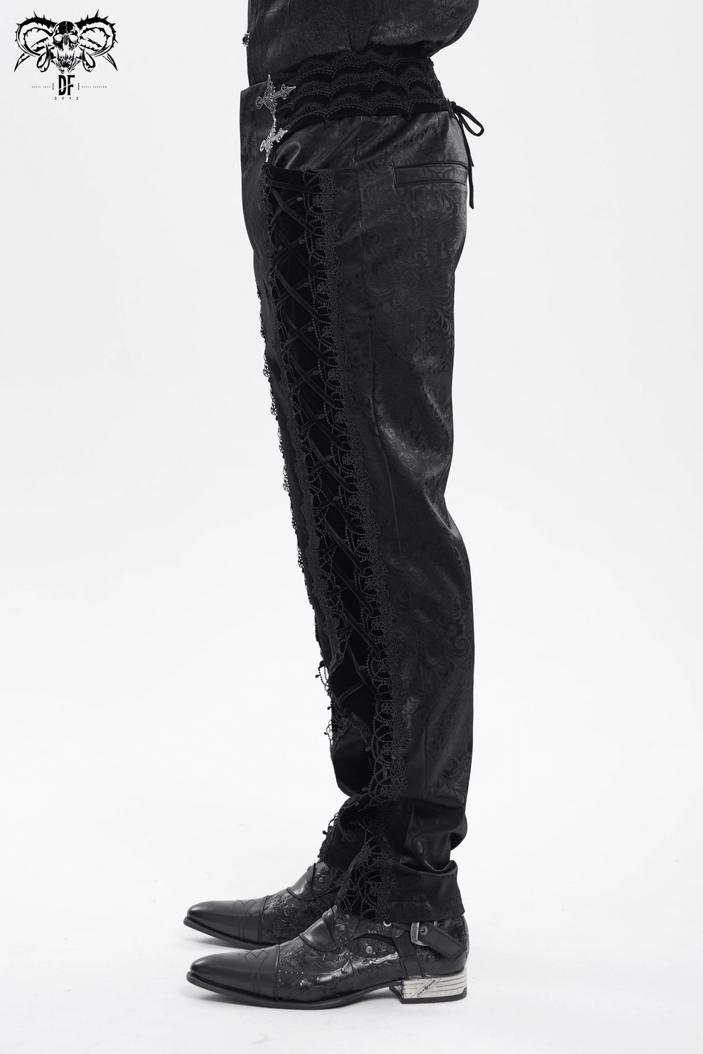 Men's Lace-Up Brocade Black Pants with Silver Clasps