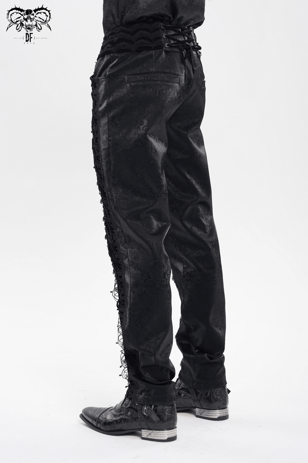 Men's Lace-Up Brocade Black Pants with Silver Clasps