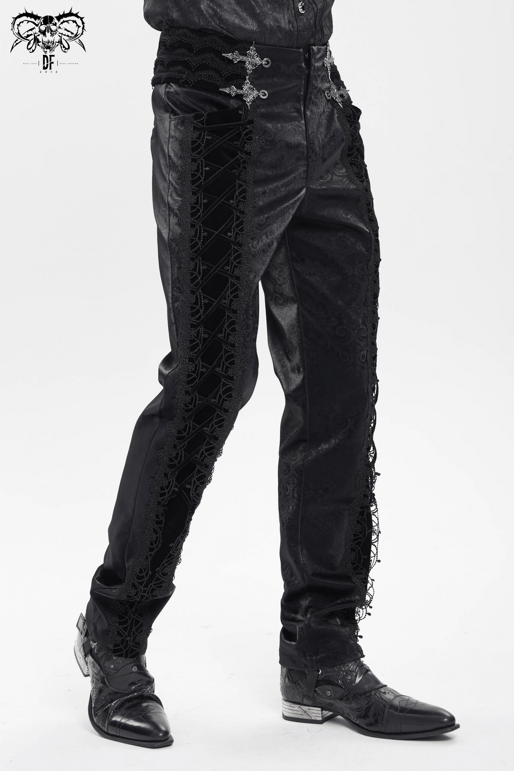 Men's Lace-Up Brocade Black Pants with Silver Clasps