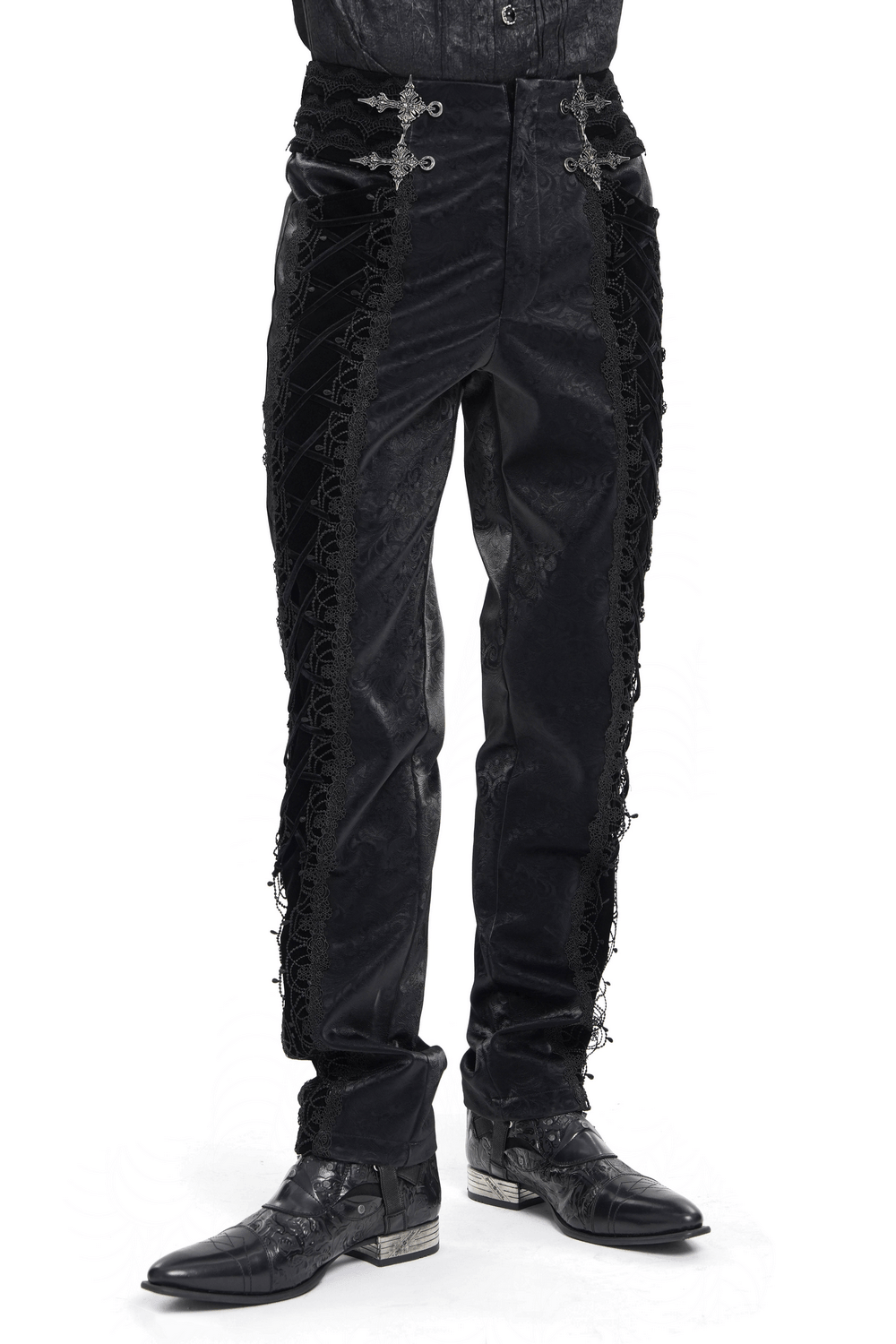 Men's Lace-Up Brocade Black Pants with Silver Clasps