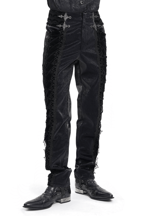 Men's Lace-Up Brocade Black Pants with Silver Clasps