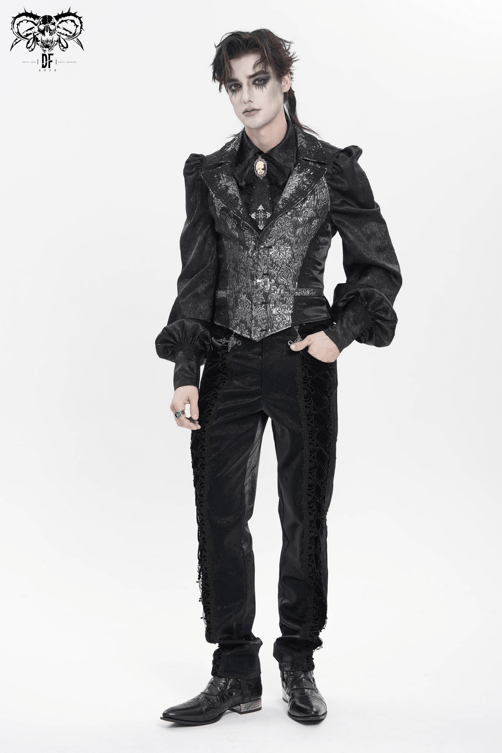 Men's Lace-Up Brocade Black Pants with Silver Clasps