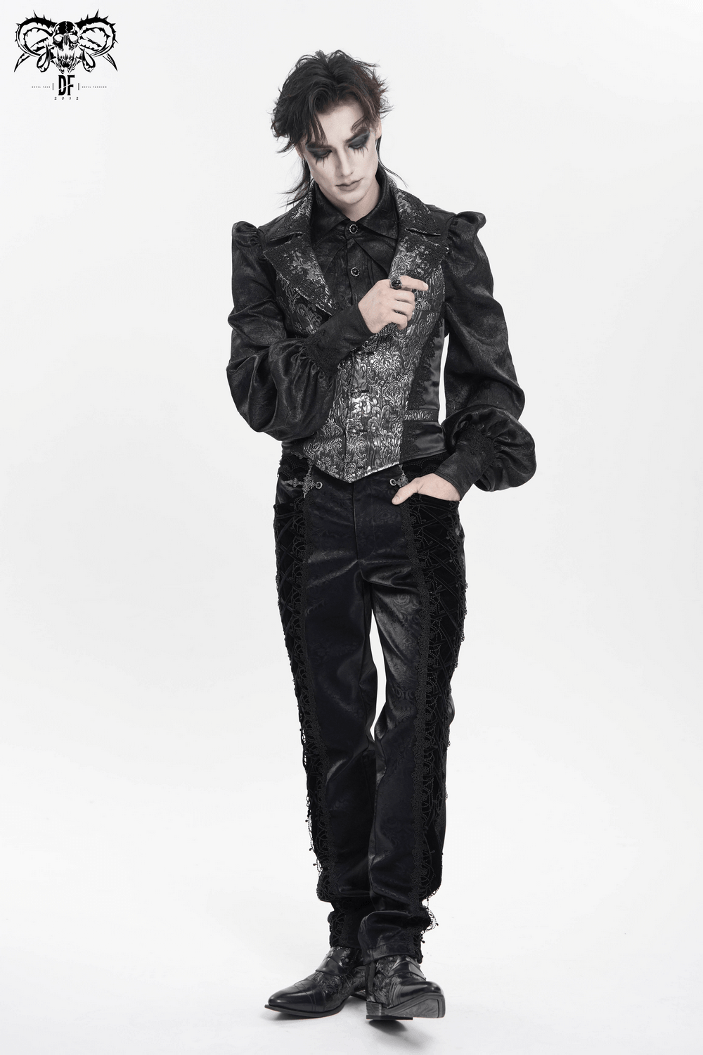 Men's Lace-Up Brocade Black Pants with Silver Clasps