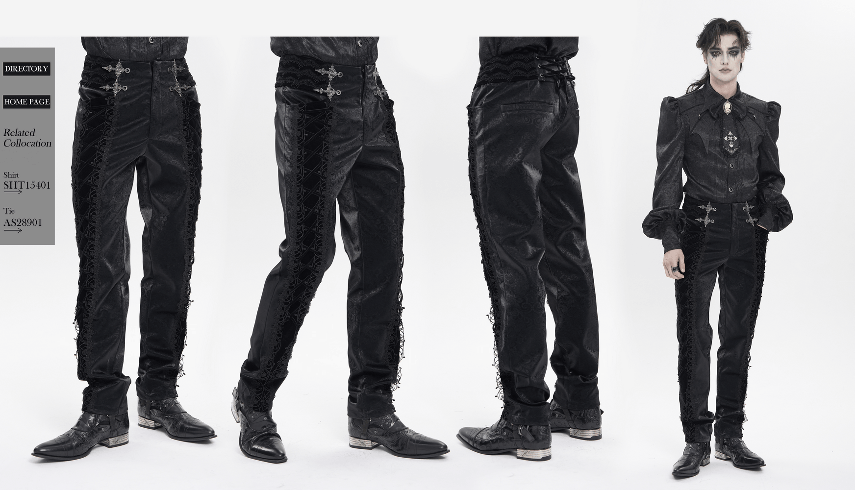 Men's Lace-Up Brocade Black Pants with Silver Clasps