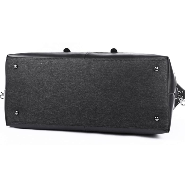 Bottom view of men's large capacity multifunctional travel duffel bag, showcasing sturdy base and fastening details.