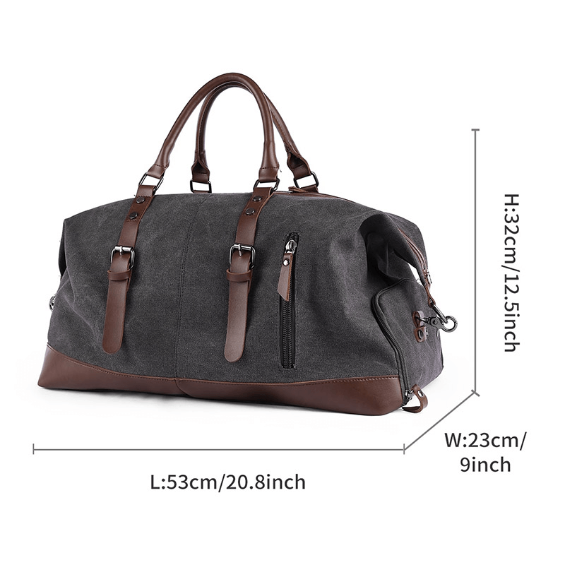 Men's large capacity multifunctional travel duffel bag with dimensions, perfect for casual travel and organized essentials.