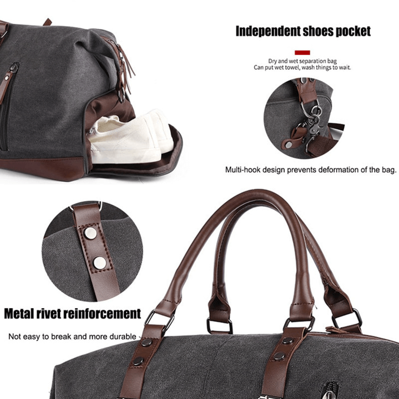 Men's multifunctional travel duffel bag with independent shoes pocket and durable metal rivet reinforcement.