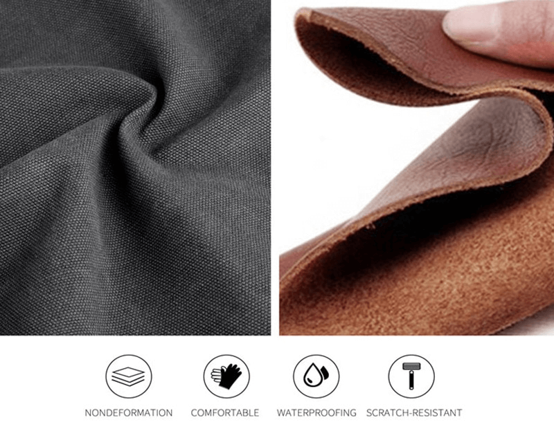 Close-up of travel bag fabric showing nondeformation, comfort, waterproofing, and scratch-resistant qualities.
