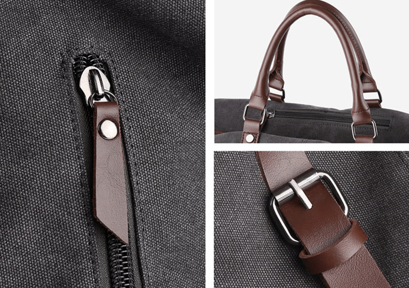 Close-up of men's large capacity travel duffel bag details, showcasing zipper and leather straps for durability.