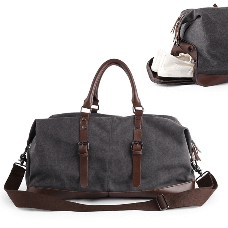 Men's large capacity multifunctional travel duffel bag in gray with brown straps and adjustable shoulder strap.