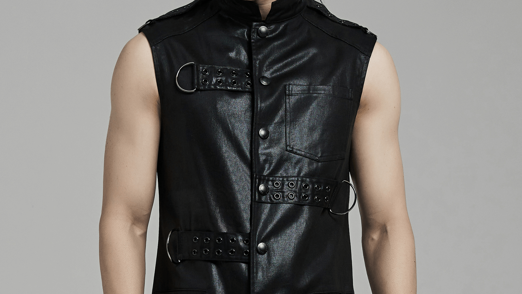 Men's Leather Punk Style Long Vest with Straps