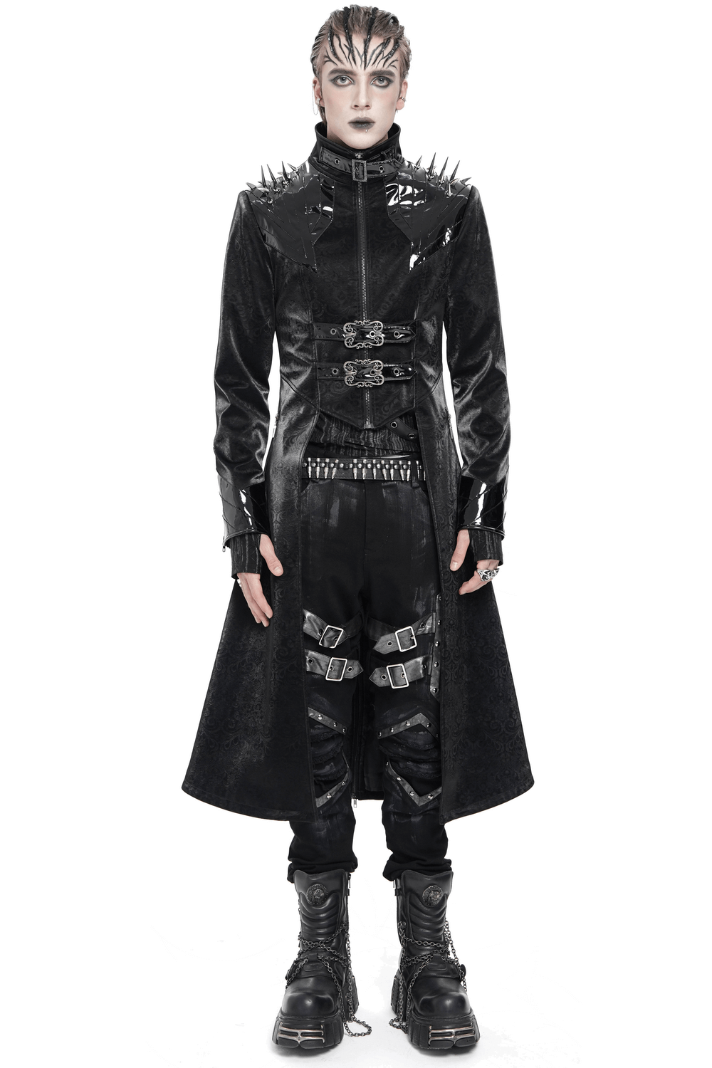 Men's Long Coat with Spikes and Metal Buckle Detail in black velvet, featuring spikes, chains, and faux leather panels.