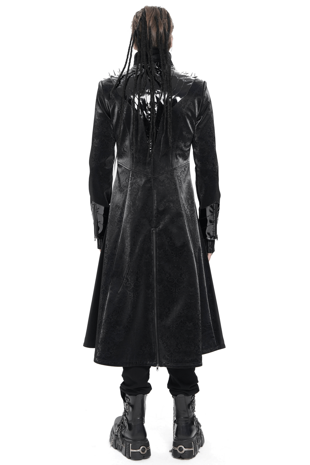 Men's Long Coat with Spikes and Metal Buckle Detail, showing embossed black velvet and spikes from the back.