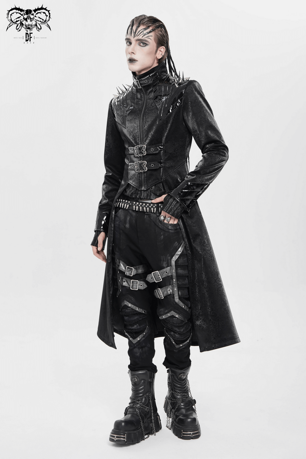 Men's Long Coat with Spikes and Metal Buckle Detail worn by model showcasing gothic fashion style.