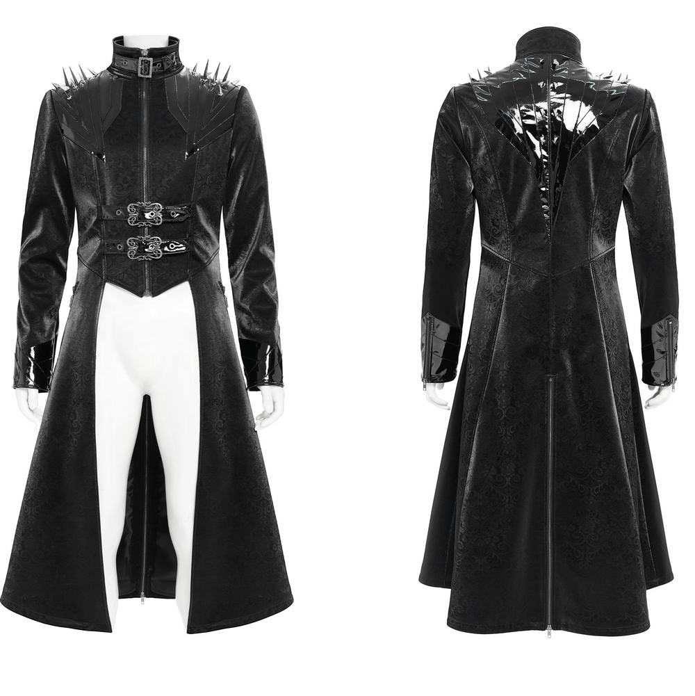Men's Long Coat with Spikes and Metal Buckle Detail featuring gothic design and embossed black velvet.