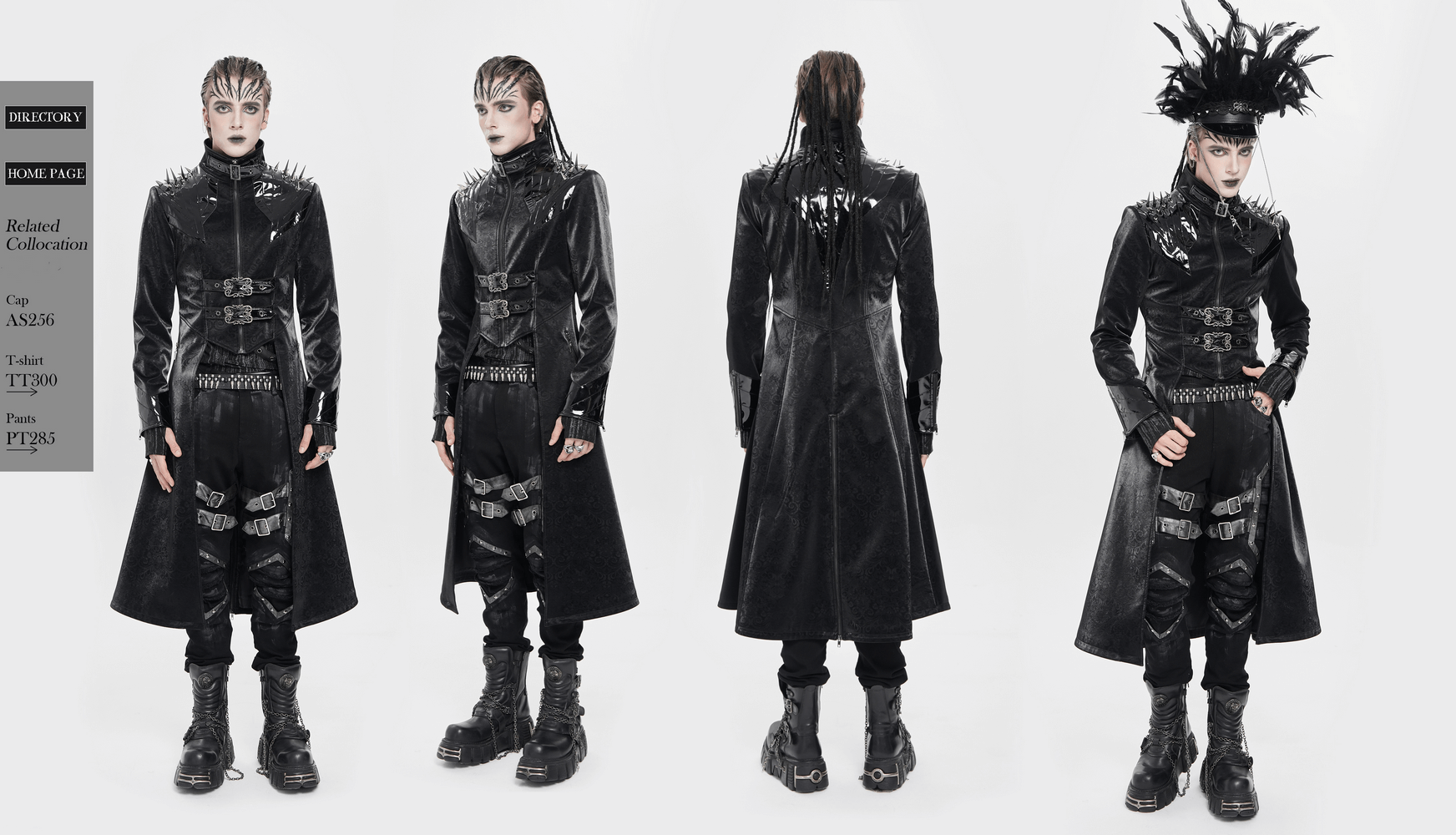 Men's Long Coat with Spikes and Metal Buckle Detail displayed in a gothic fashion setting with punk elements.